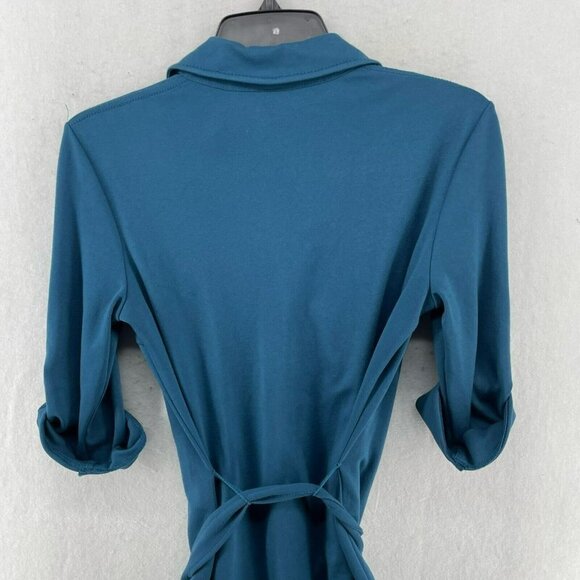 Max Studio Dress XS Teal Blue Collared V-Neck 3/4 Sleeve Roll-Tab Stretch Belted - Picture 8 of 11